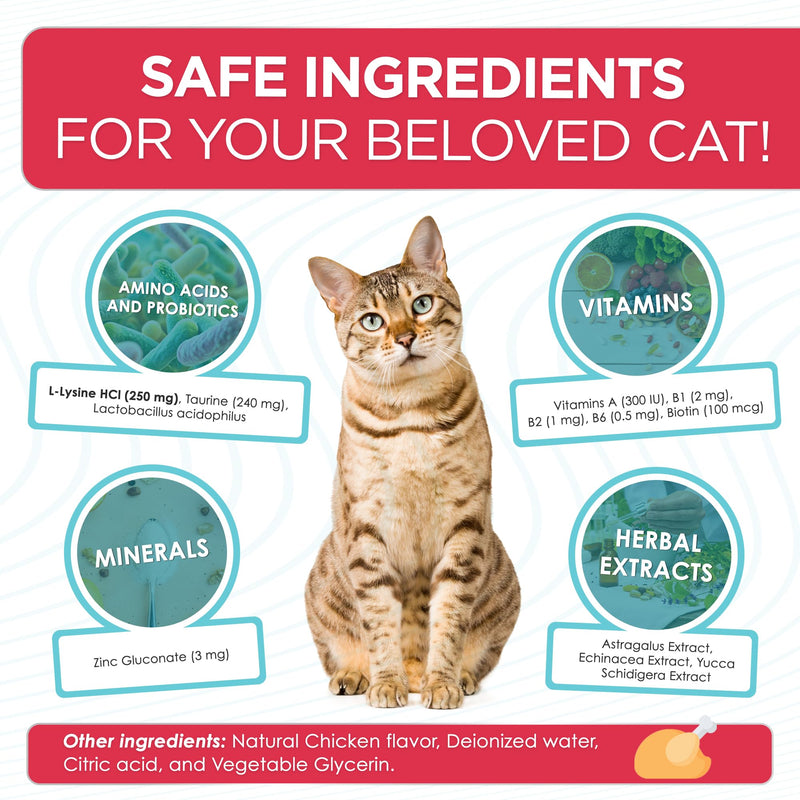 L Lysine for Cats with Taurine & Probiotic – A and B Vitamins Help with Watery Eyes, Sneezing, Cough, Allergies – Feline Upper Respiratory Supplement Works as a Natural Antibiotic for Cats – 2 Oz 2 Fl Oz