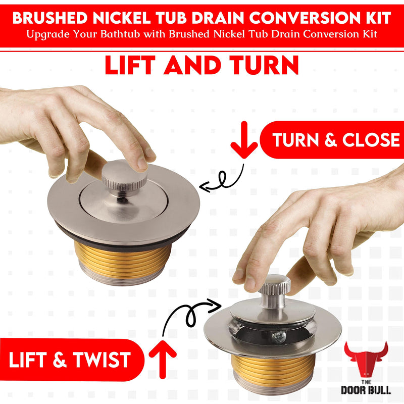All-Brass Lift and Turn Bathtub Drain Kit – Includes Universal Fine/Coarse Thread Stopper & Two-Hole Overflow Faceplate – Complete Tub Drain Trim Set (Brushed Nickel) Brushed Nickel