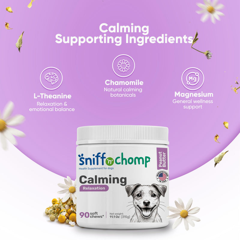 SNIFF 'N' CHOMP Dog Calming Chews, Peanut Butter Flavor, Natural Anxiety Relief with L-Theanine Chamomile Valerian Melatonin, Stress Support for All Breeds, Calming Dog Treats | 90 Soft Chews