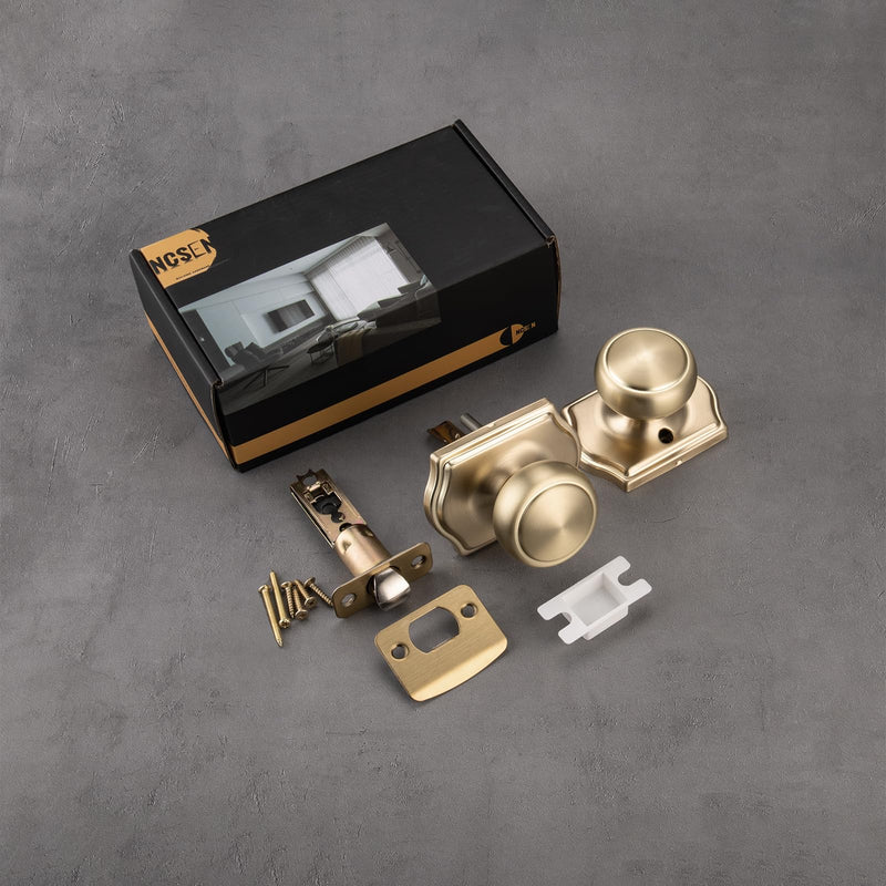3 Pack Gold Door Knobs with Camelot Trim,Interior Door Knob with Lock,Coastal Door knob for Hall & Closet, Satin Brass 3 Passage