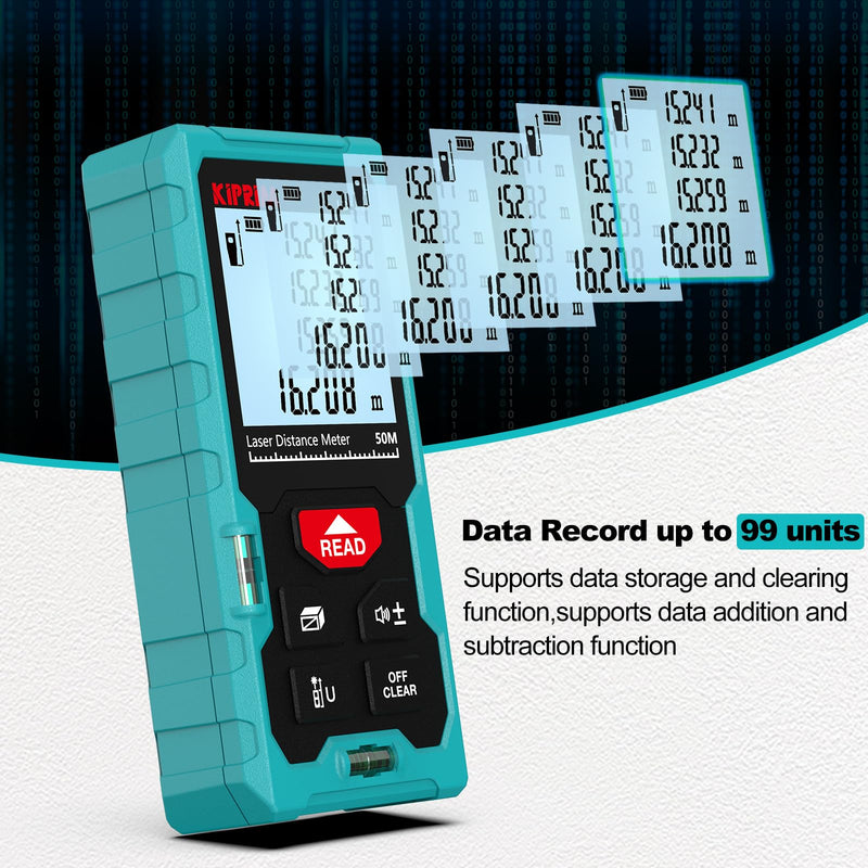 Kiprim Laser Distance Measure High Accuracy 165ft Kiprim LD50E Laser Tape Measure 50M Compact Laser Measurement Tool with Larger Backlit LCD Display,ft/m/in Switching,Bubble Level 165ft(LD50E)