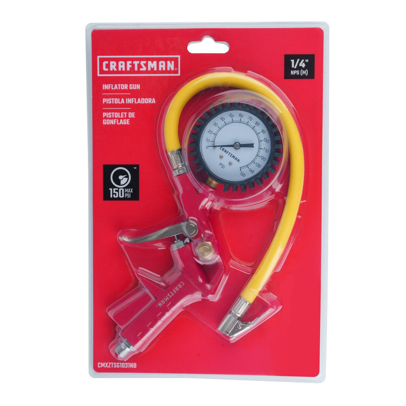 CRAFTSMAN Inflator Gun, 0-150 PSI, 3-in-1 Multi-Function Gauge, Air Chuck and Relief Valve, Cold-Resistant 12-in Inflation Hose, Versatile Attachments, and 1/4-in NPS Male Threads