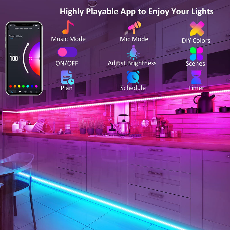 maylit 10 PCS Smart RGB Under Cabinet Lights Kit, Compatible with Alexa and Google Assistant, App and Remote Control, Music Sync Color Changing, Timer, Dimmable, for Cabinet, Counter, Shelf, Bookcase 16.4FT