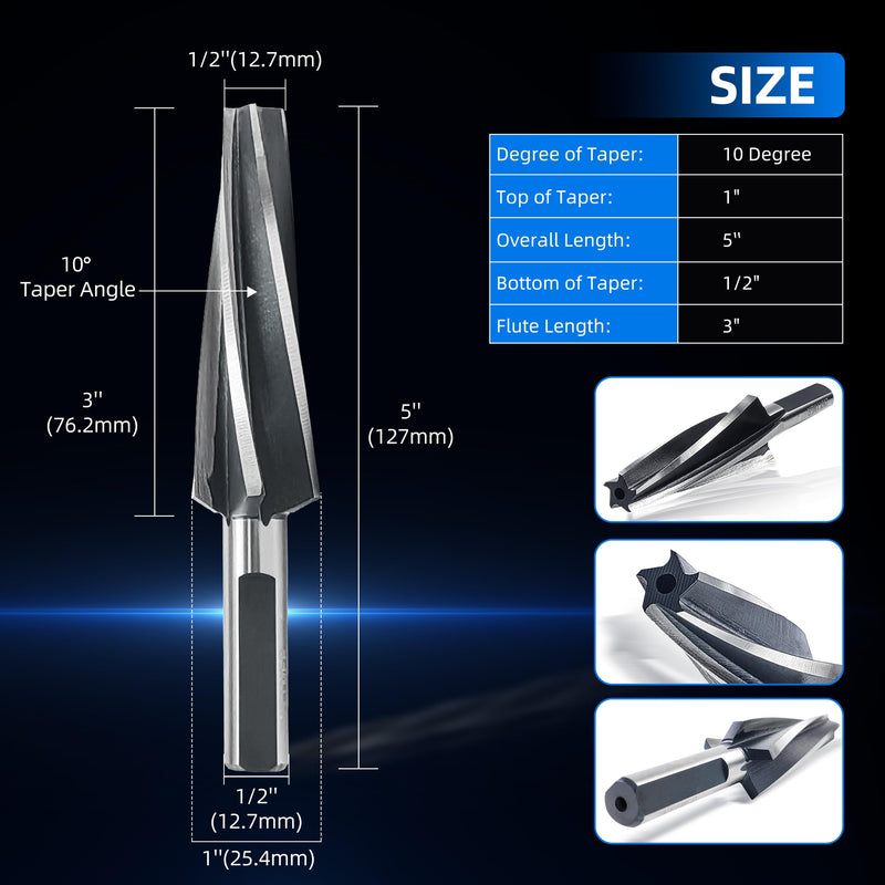10 Degree Ball Joint Tapered Reamer, Tapered Ball Joint Reamer for 1-1/2" Per Foot Taper, for Fitting Ball Joints and Tie Rod Ends, Made of 6542 High-Speed Tool Steel (10 Degree) 10 Degree