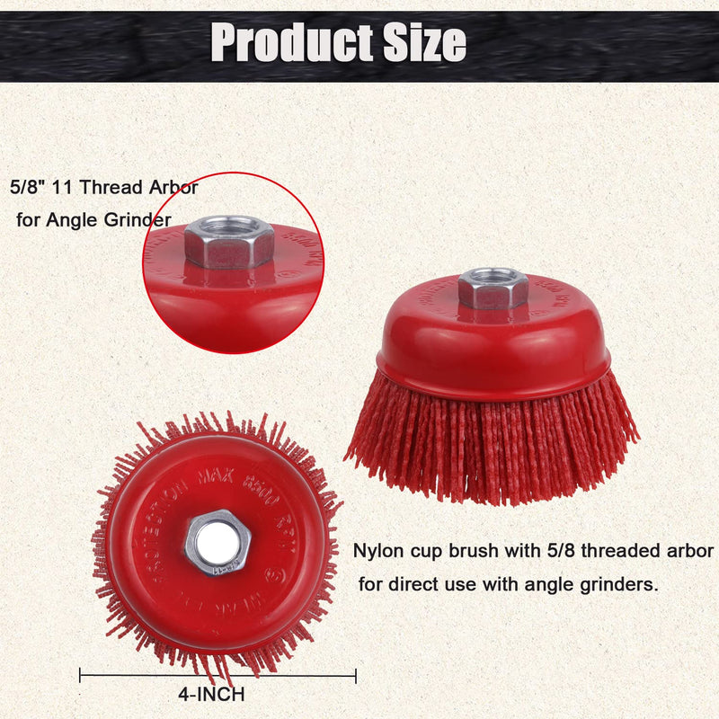 4 Inch Abrasive Filament Nylon Cup Brush for Angle Grinder, 5/8" 11 Thread, Nylon Wheel Brush for Grinders -Remove Rust, Corrosion, Paint, for Surface Pre-Treatment of Various Metals (2 Pack) 2 Pack