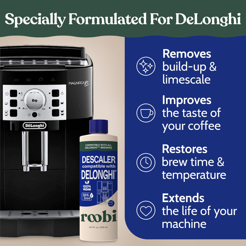 DeLonghi Compatible Descaling Solution. Clean & Descale your DeLonghi Coffee Maker. Single Bottle. Eco-Friendly Concentrated Formula. Carbon Neutral Cleaner Descaler Solution