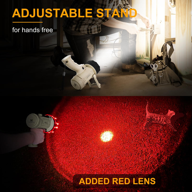 YIERBLUE Rechargeable Spotlight Flashlight with 1000000 High Lumen LED, IP67 Waterproof Long Running Spot Light searchlight, Impact Resistant Handheld Spotlight with Foldable Stand and Red Lens Pearl