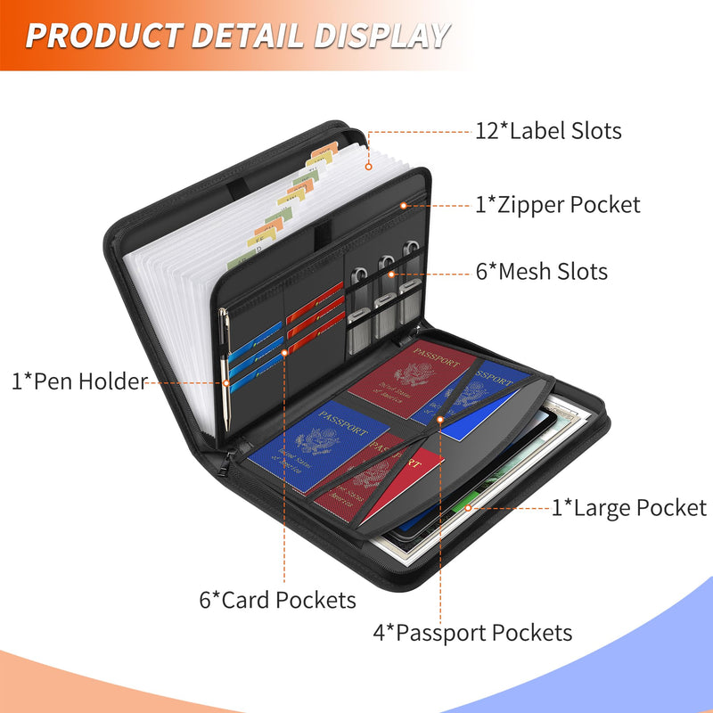 Hontom Accordion File Organizer,13 Pockets Fireproof Expanding File Folder with Multi Pockets,Portable Business Fire Safe Storage Document Organizer Folder with Zipper for Documents and File Black 13 Pockets