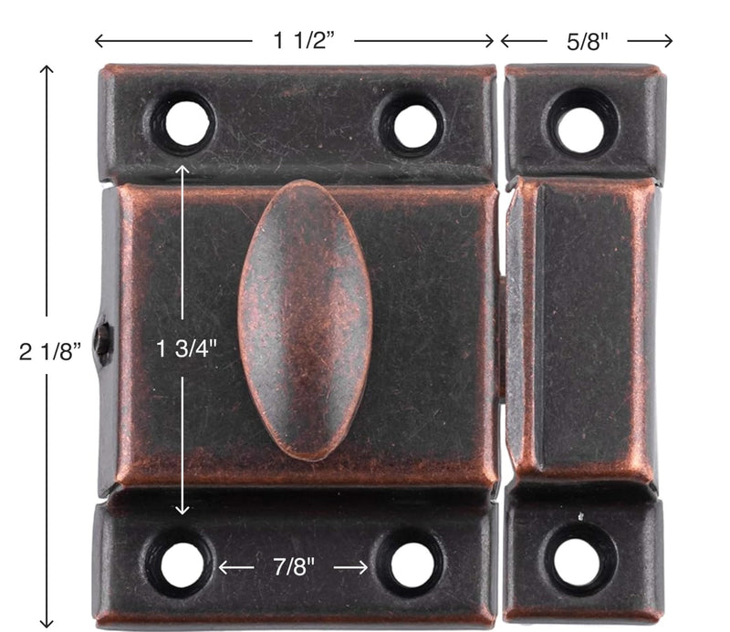 Large Stamped Antique Copper Cabinet Door Latch - 2 1/8" × 2 1/8" - Spring Loaded Cupboard Door Latch with Oval Turn - Vintage Cabinet Hardware | UA-140-LAC (1)