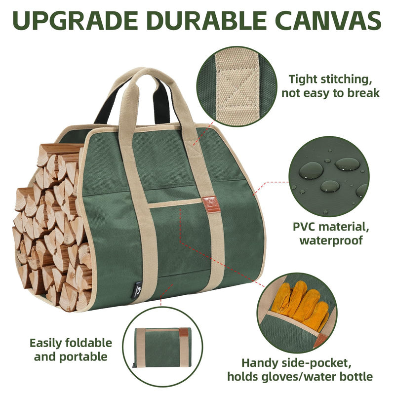 Firewood Carriers with Handles - 39×18Inch Log Carrier | 1680D Canvas Water Resistant Tote Wood Carrying Bag for Camping Indoor 1680D-ArmyGreen