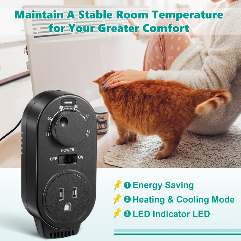 Adjustable Thermostat, Plug in Heating and Cooling Thermostat Controlled Outlet, Compatible with Portable AC, Fans and Space Heaters (1 Pack,Black) Black 1