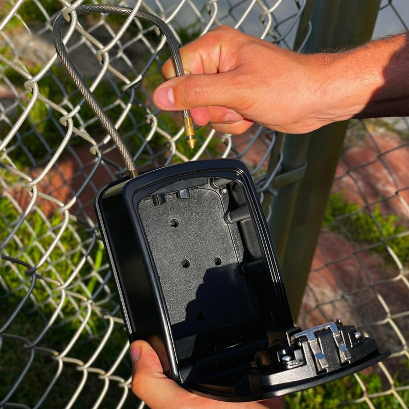 Iron Lock® Key Lock Box Portable with Cable Shackle & Wall Mount – Waterproof Heavy Duty Metal Lock Box for Keys with 4-Digit Combination Code on Door Knob, Fence, Pipe or Gate Extra Large(Black, XXL) 2X-Large Portable Cable Black