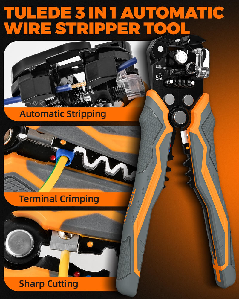 3-In-1 Self Adjusting Wire Stripper, Stripper/Cutter/Crimping Automatic Wire Stripper, 8 Inch Wire Stripper Tool for 10-24 AWG, Comes with Replaceable Stainless Steel Blades & Springs ‎TLD02001