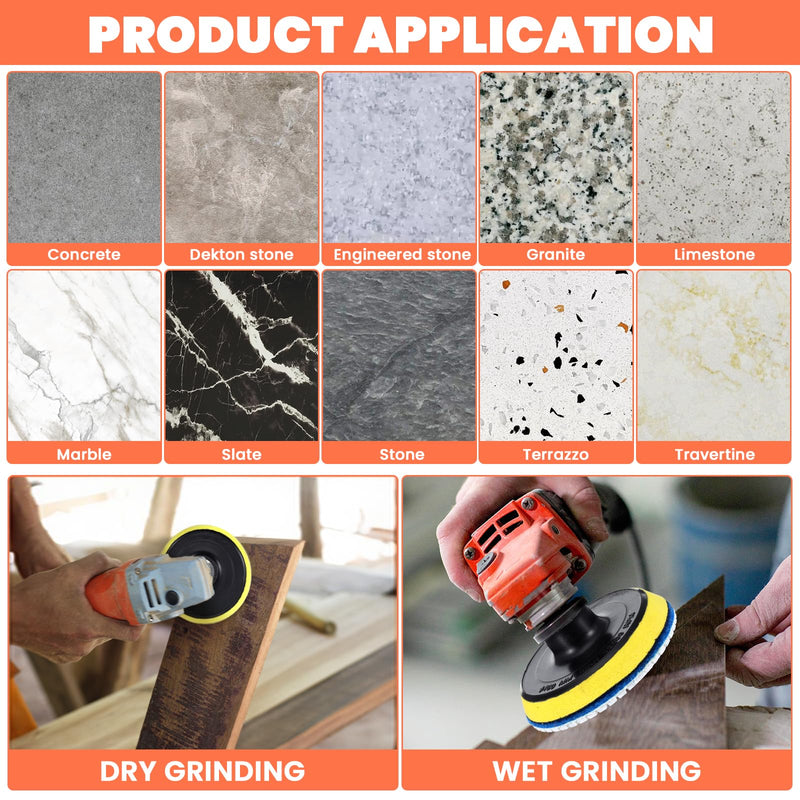 20 Pack Diamond Polishing Pads Set, 4 Inch Wet/Dry Granite Stone Polish Pad Kit 30-10000 Grit with 5/8’’-11 Backer Pad Drill Grinder Adapter and Wool Disc for Marble Rock Concrete Stone Quartz