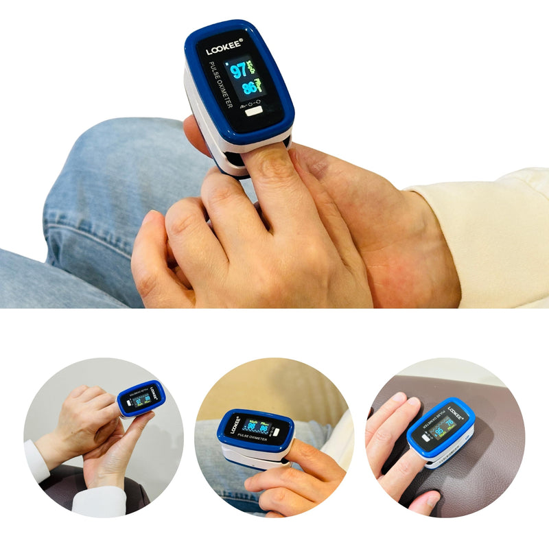 LOOKEE LK50D1 Deluxe Fingertip Pulse Oximeter - Finger SpO2 Blood Oxygen Saturation Monitor with Auto Rotate OLED Display Plethysmograph Waveform & Pulse Graph - Batteries Included Blue