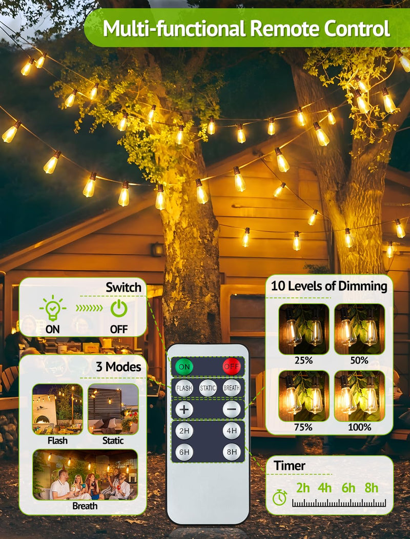 48FT Solar String Lights Outdoor with Remote, Waterproof Dimmable Patio Lights with 15+1 LED ST38 Bulbs 3 Modes Hanging Lighting for Backyard Black 1