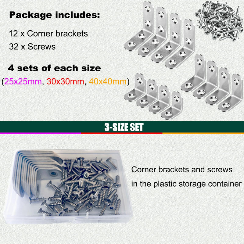 3 Sizes Stainless Steel Corner Braces L Bracket 90 Degree Right Angle Bracket Joints L Shaped Corner Bracket Fastener with Screws, 12 Sets 3 size/ 1in/ 1.2in/ 1.57in