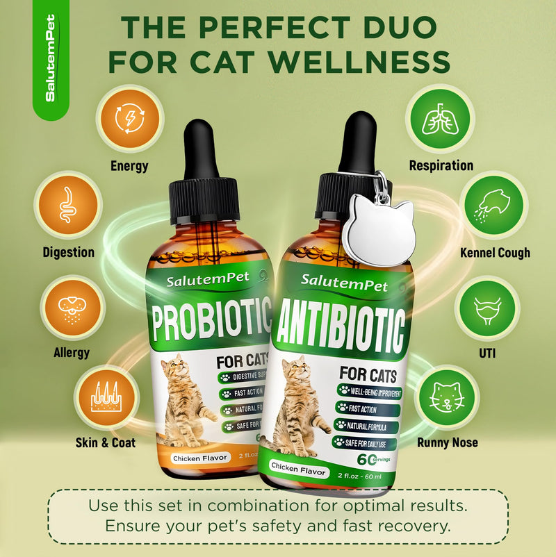 Set of Cat Probiotic & Cat Antibiotic + Pendant – Probiotics for Digestion & Stomach Support – Antibiotics for Bladder & Kidney Function – General Wellness & Complex Care – 2 oz x 2 Chicken Flavor