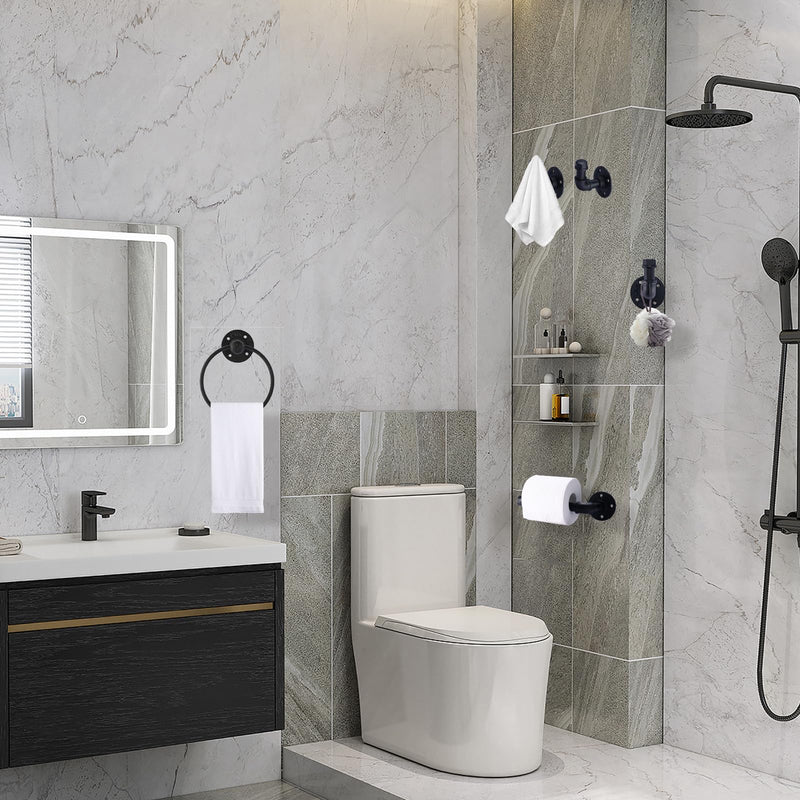 HighFree Industrial Pipe Bathroom Hardware Set, Matte Black Wall Mounted Hardware Accessories, Farmhouse Toilet Paper Holder, Towel Ring for Bathroom (Paper Holder+Towel Ring+Hook)