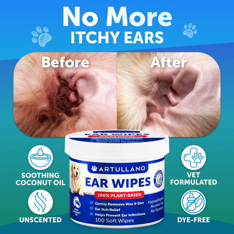 Dog Ear Wipes - 100 ct - Removes Wax and Dirt - Soothing Ear Cleaner Wipes for Dogs, Puppies - 100% Plant Based, Unscented with Coconut Oil - Ear Infection Treatment to Relief Itching & Inflammation 100 count