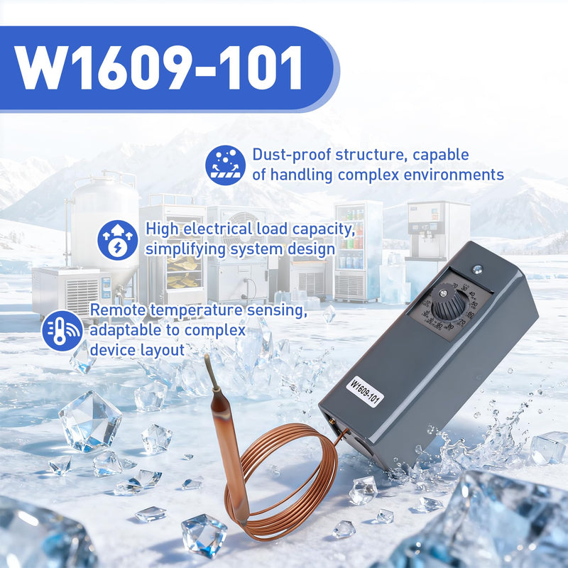 W1609-101 Refrigeration Thermostat Temperature Controller Remote Control Bulb TH-1609, 5FT Capillary Length, -30 to +90 Degrees Fahrenheit, -34 to +32 Degrees Celsius, °C and °F Dual Temperature dial