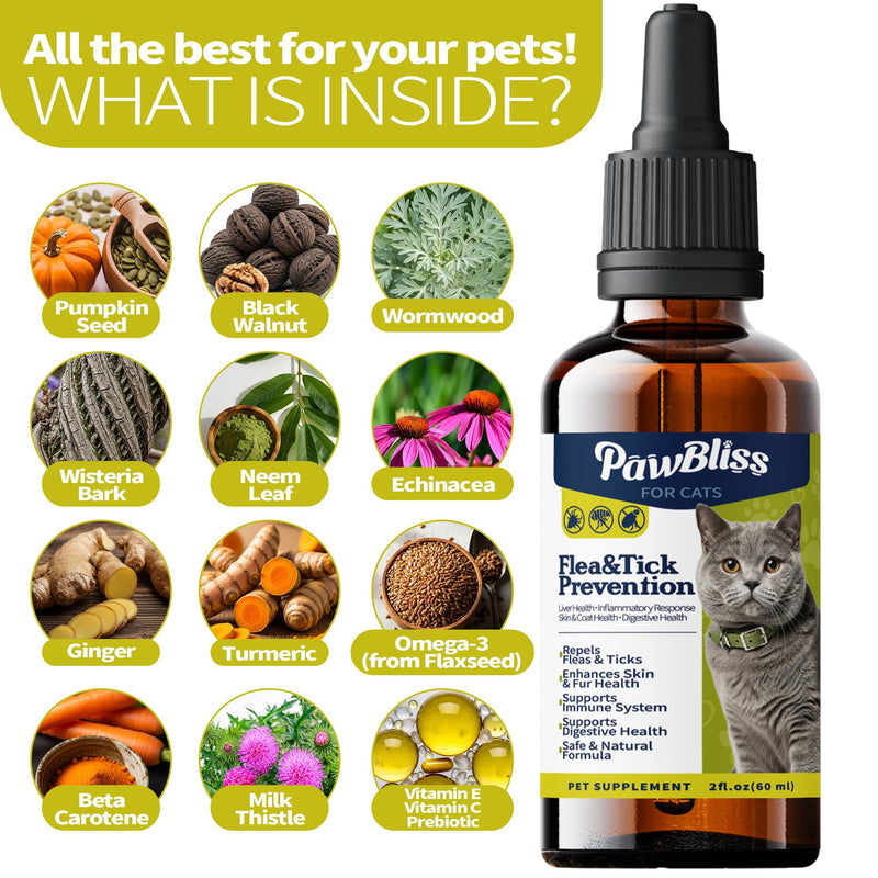 Flea and Tick Prevention for Cats, Pets Oral Natural Supplement Drops with Multivitamin Support for All Breeds and Ages