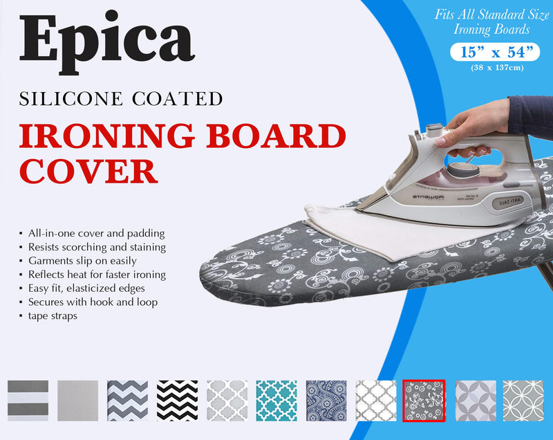 EPICA Silicone Coated Ironing Board Cover- Resists Scorching and Staining - 15" x54 (Grey Floral) Grey Floral