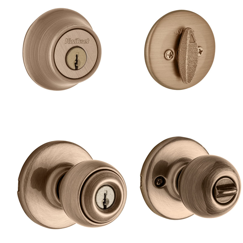 Kwikset 690P 5 CP Single Cylinder Deadbolt Combo Pack with Polo Entry Knob in Antique Brass