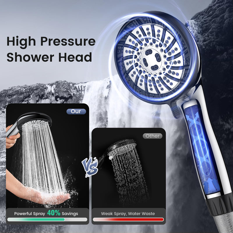 NSF Certified Shower Head with Filters, High Pressure Filtered Shower Head with Handheld 8 Mode, Water Softener Anti-clog Nozzles, Built-in Power Wash, Stainless Steel Hose,Overhead Brackets Chrome