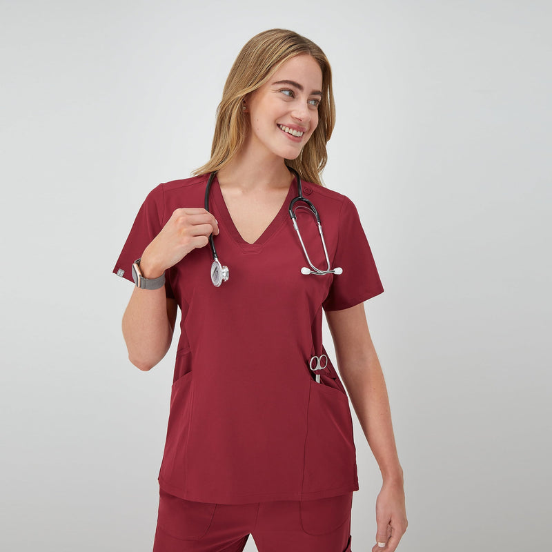 Hanes Women's Scrubs Healthcare Top, Moisture-Wicking Stretch Scrub Shirts, Ribbed Side Panels Medium Afternoon Burgundy