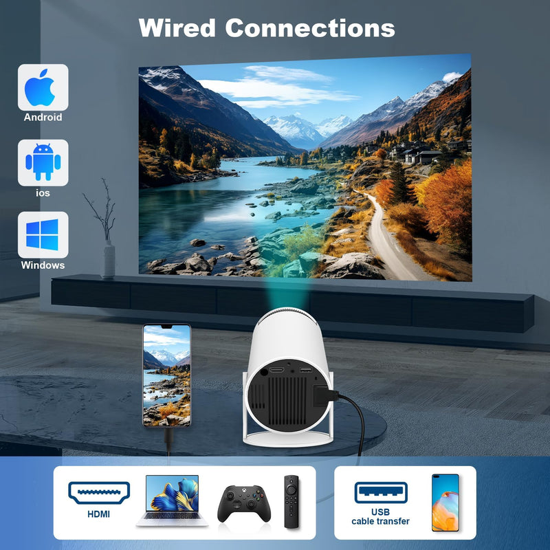 Mini Projector, Support 4K 1080P Portable Projector with Dual Band WIFI6 5G Wireless 5.2 Bluetooth Android 11, 200 ANSI Lumens, 180° Rotatable, Auto Keystone Correction,35"-130" Screen Video Projector HY300PRO