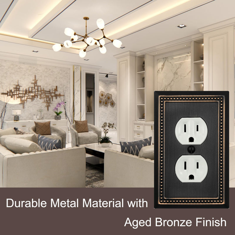 Single Duplex Outlet Light Switch Cover Belaire Beaded Metal Wall Plate, 4-Pack Aged Bronze 1 Gang, Oil Rubbed Bronze Receptacle Light Switch, Switch Cover Decorative Wallplate, Durable 1 Duplex