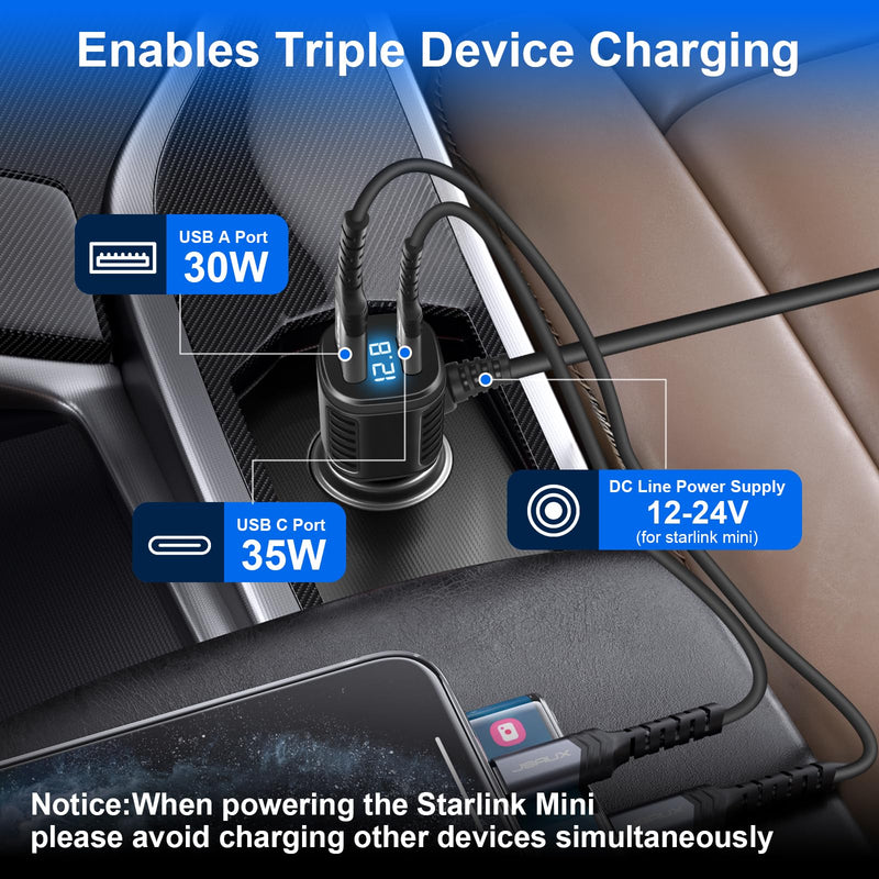 Starlink Mini Car Adapter with Step Up Converter,12/24V Step Up to 30V 3.5A Power Converter,3 in 1Starlink Mini Power Cable with Digital Display,Waterproof Car Power for Trucks,RV,Ships (9.84FT/3M)