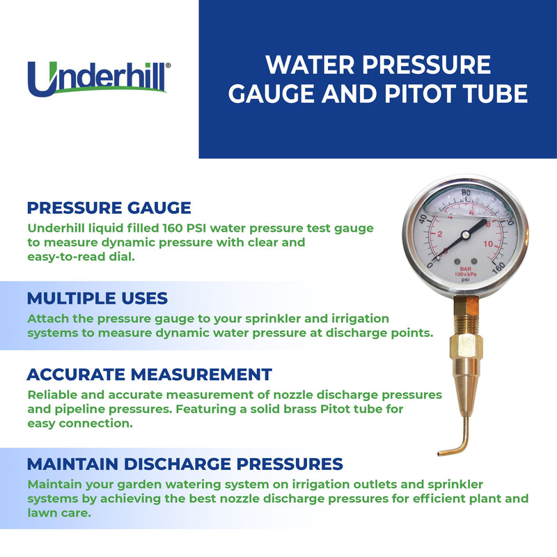 Underhill Water Pressure Gauge and Pitot Tube 160 PSI, with Dial Indicator, Tester, for Outdoor Garden, Sprinklers, Irrigation System, HeadChecker, A-HCGPK