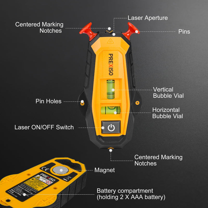 PREXISO 2-in-1 Line Laser Level with Magnetic Stud Finder, Compact Wood & Metal Detector with Bubble Vials for Accurate Markings, Multi Surface Wall Scanners Tool for Hanging Frames & Pictures
