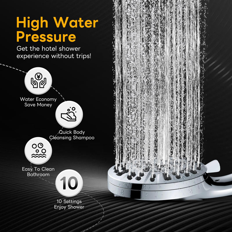 High Pressure 10 Ways Handheld Shower Head Chrome- Anti-clog Nozzles, Built-in Power Wash to Clean Tub, Wall & Overhead Brackets,Magnetitc Rainfall Shower Wand,Built-in 2 Power Jet