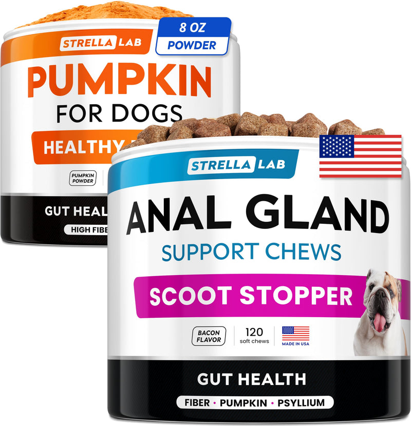 Pumpkin + Anal Gland Support Dogs Bundle - High Fiber Supplement & Digestive Enzymes - Stool Consistency, Scoot Treatment & Gut Health Support - Diarrhea, Constipation & Stomach Relief - Made in USA