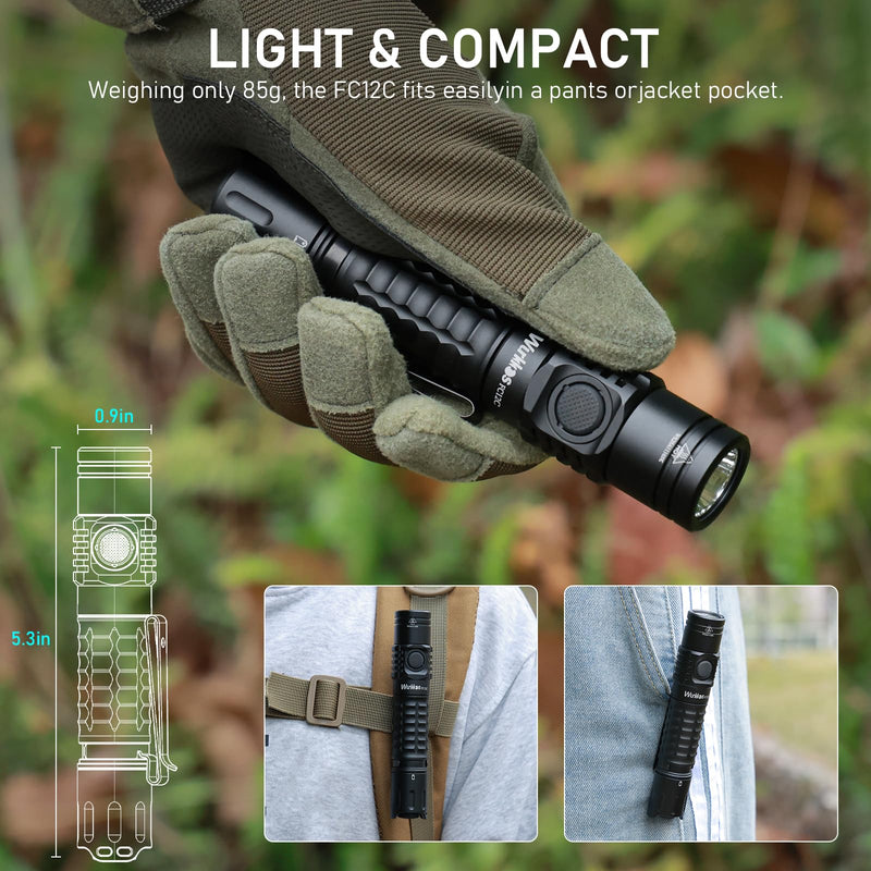 Wurkkos FC12C Tactical Flashlight 1600 High Lumens, USB-C Rechargeable LED Flashlights, 332M Long Throw Flash Light, IP68 Waterproof, Dual Switches and Constant Current Circuit for Home Camping Hiking Black