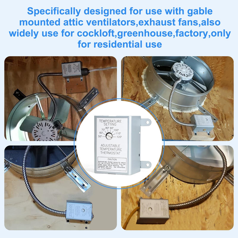 2 Pack Attic Fan Thermostat Control for Power Attic Ventilators and Exhaust Fans, 120V Adjustable Thermostat Switch Replace 58033 Single Speed Precise Temperature Controller 2 pack