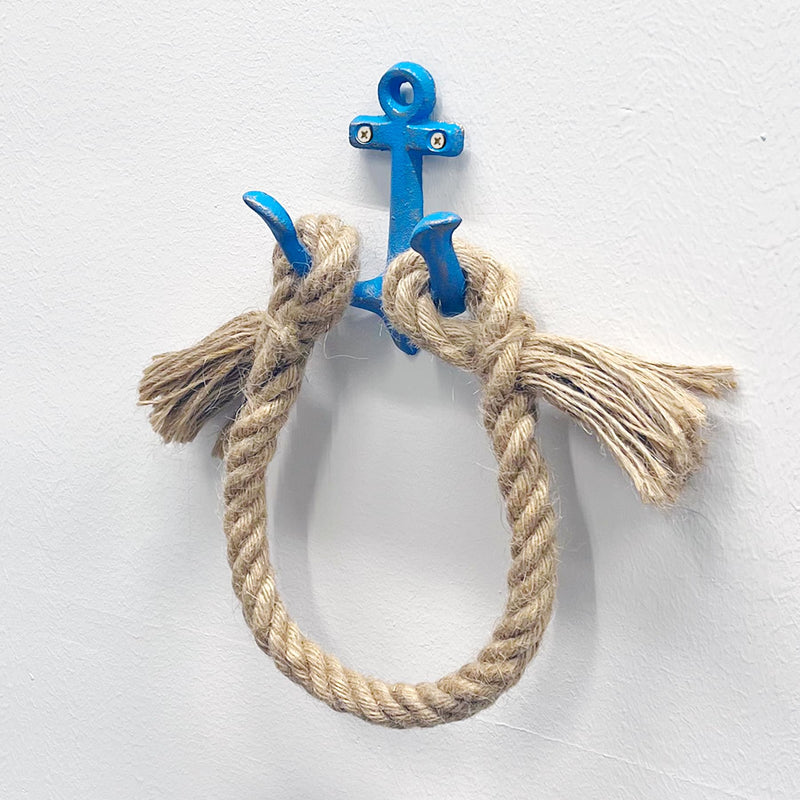 Nautical Toilet Paper Holder, Beach Rope Metal Anchor Hook Bathroom Decor Towel Rack Towel Ring, Wall Mount Coastal Themed Toilet Paper Roll Holder, Nautical Blue