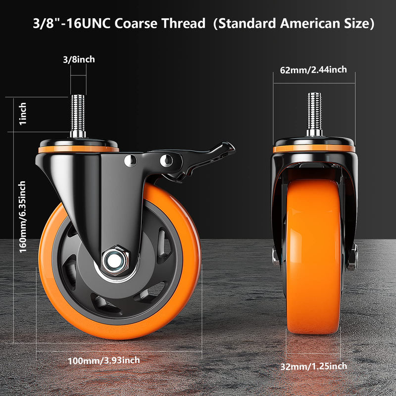 Stem Caster Wheels 4 Inch Heavy Duty Threaded Stem Casters UNC 3/8"-16 x 1 Swivel Casters Set of 4 with Safety Dual Locking Wheel for Furniture and Cart 3/8"-16x1"
