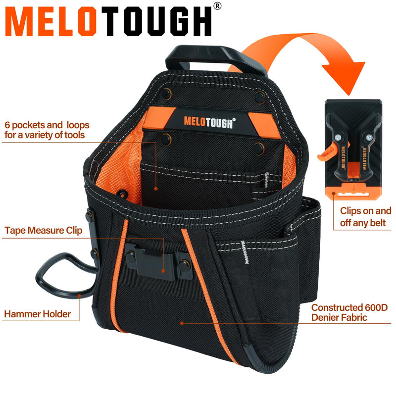 MELOTOUGH Belt Clip Tool Pouch Tool Belt Pouches Utility Tool Organizer Pouch with Hammer Holder for Electrician,Carpenter,Construction,Technician Orange Tool Pouch