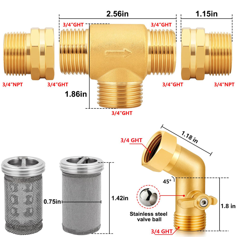 T Line Strainer Garden Hose Filter with 100 Mesh and 40 Mesh Screen and 2 PCS GHT to NPT Adapter Pressure Washer or Heater Inlet for RV Camping Car Wash On Pipe Strainer (with Valve) with valve