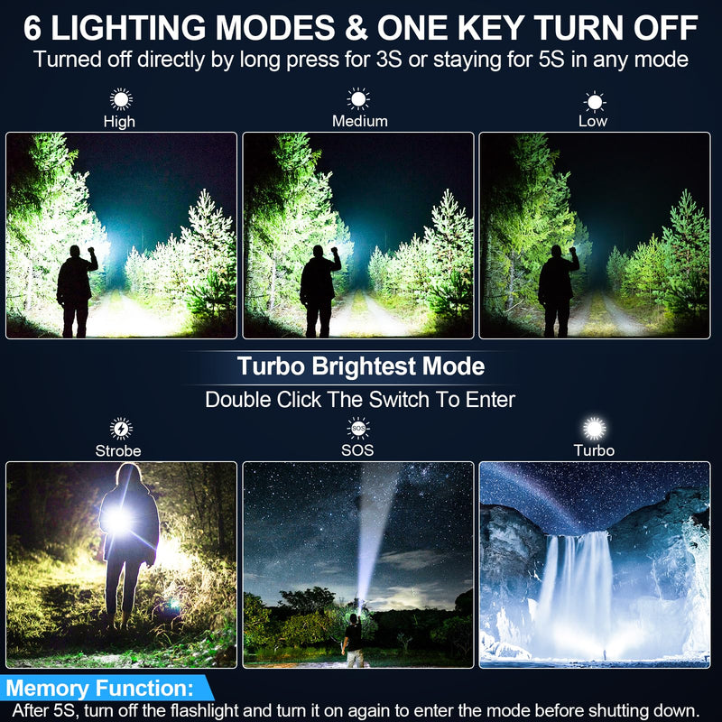 Rechargeable Flashlights 20,000 High Lumens, 1500M Long Throw Super Bright LED Small Powerful Tactical Flashlight with Memory Function, 6Modes Pocket Waterproof Flash Light for Camping,Emergency Black 2