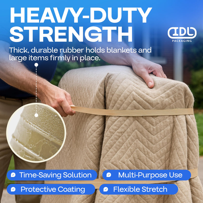 Beige Moving Bands 25", Pack of 12 - USA-Made Mover Rubber Straps for Furniture, Boxes & Moving Blankets - Strong, Elastic & Flexible, 80% Natural Rubber Bands for Shipping & Storage by IDL Packaging 25", Beige
