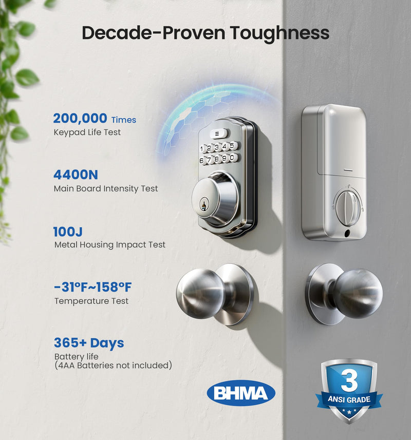 Veise Keyless Entry Door Lock with 2 Knobs, Electronic Backlit Keypad Deadbolt with Handle Set, Auto Lock, One-time Codes, Smart Deadbolt for Front Door, Easy Installation, Satin Nickel Knob