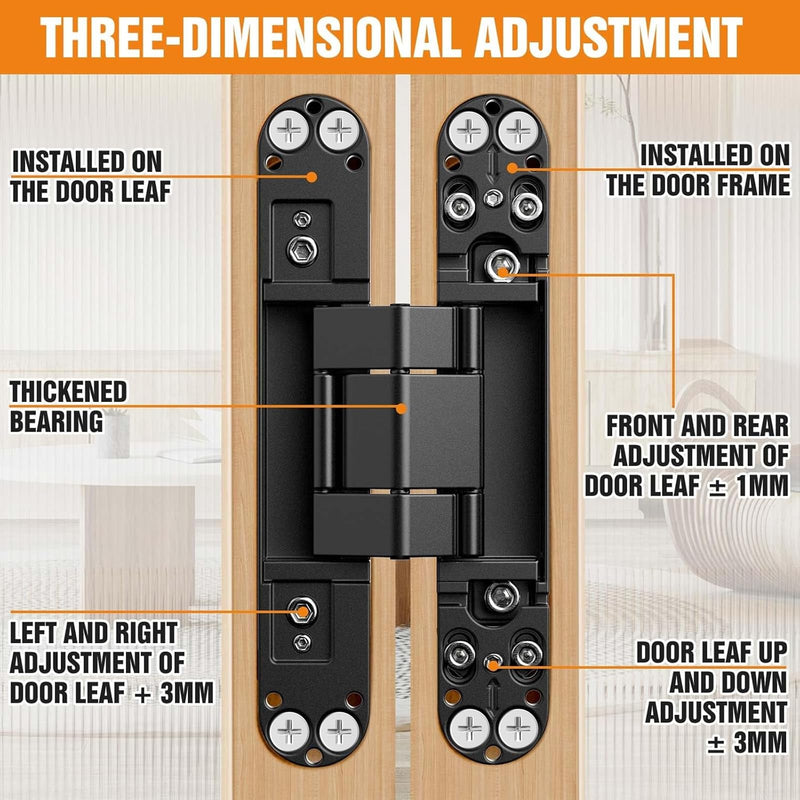 6" Hidden Door Hinge/Concealed Hinges,Invisible Hinges,Invisible Door Silent 180 Degree Swing Hinge 3-Way Adjustable Butt 6 x 2.5 x 1inch (Pack of 2) (Black) Black