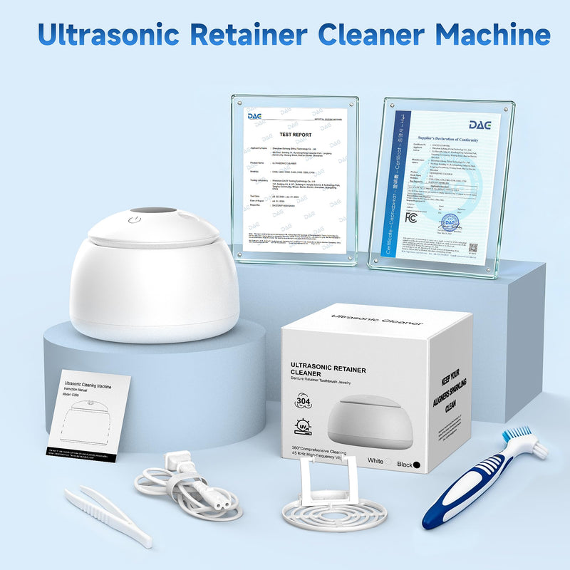 Ultrasonic Retainer Cleaner Machine, 45kHz with UV Light Denture Dome,Dental Cleaning POD for Aligners, Mouth Guards,Toothbrush, Night Guards,Jewelry,200ML Capacity (Pure White)