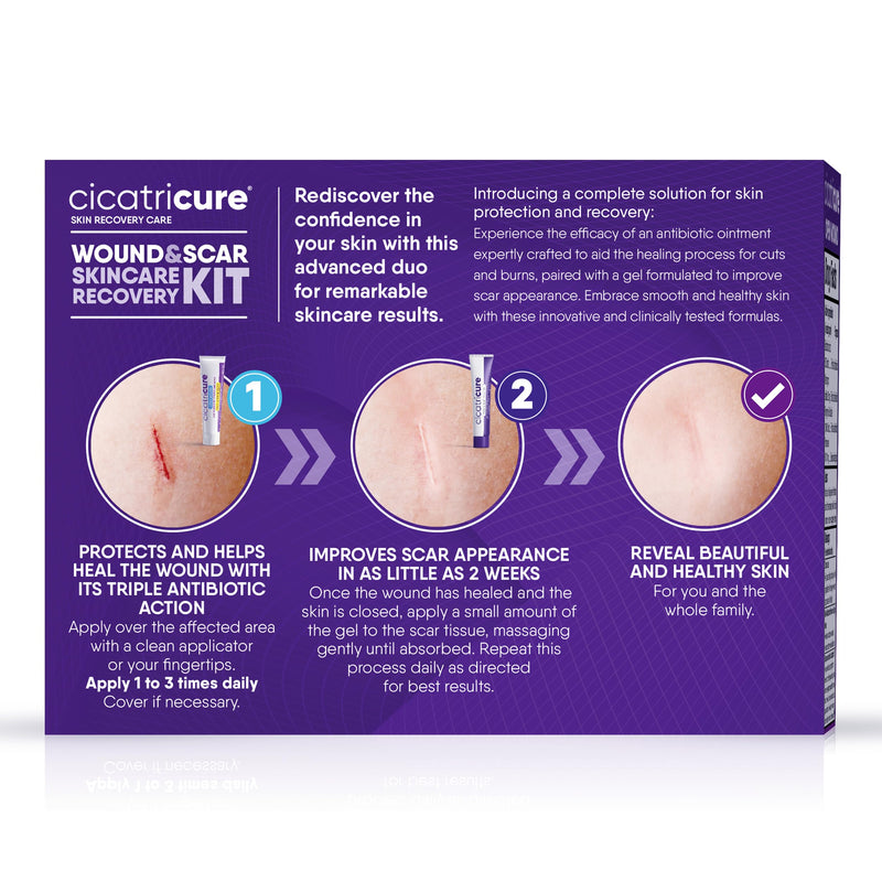 Cicatricure Skin Recovery Kit: Advanced Scar Gel & Open Wound Care Antibiotic Ointment, Reduces Stretch Marks, Surgical & Acne Scars, Treats Cuts & Burns, 1 oz Each - for Adults & Kids
