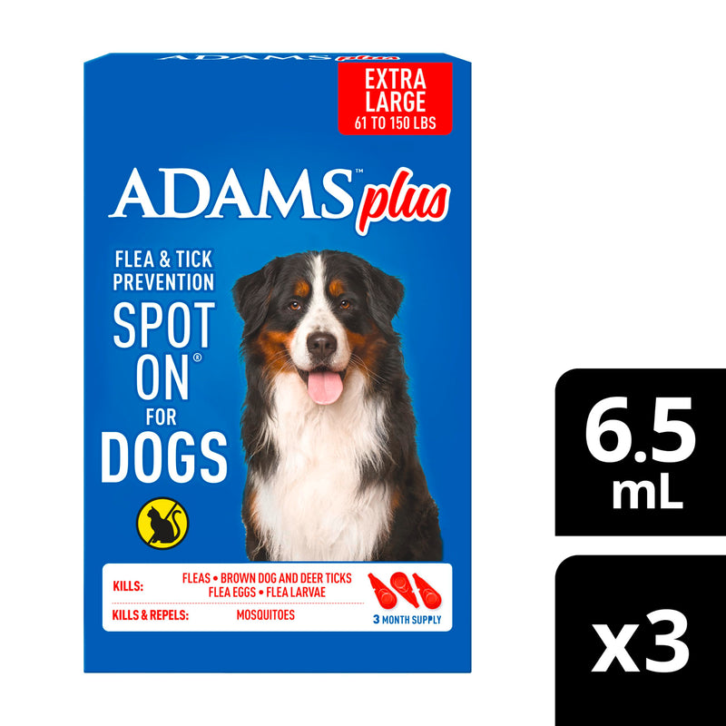 ADAMS Plus Flea & Tick Prevention Spot On for Dogs, Extra Large Dogs, Kills Fleas & Ticks (Brown Dog/Deer Ticks), Kills and Repels Mosquitoes, Prevents Flea Infestations, 3-Month Supply, 3 Pack X-Large Dog 61-150 Pounds